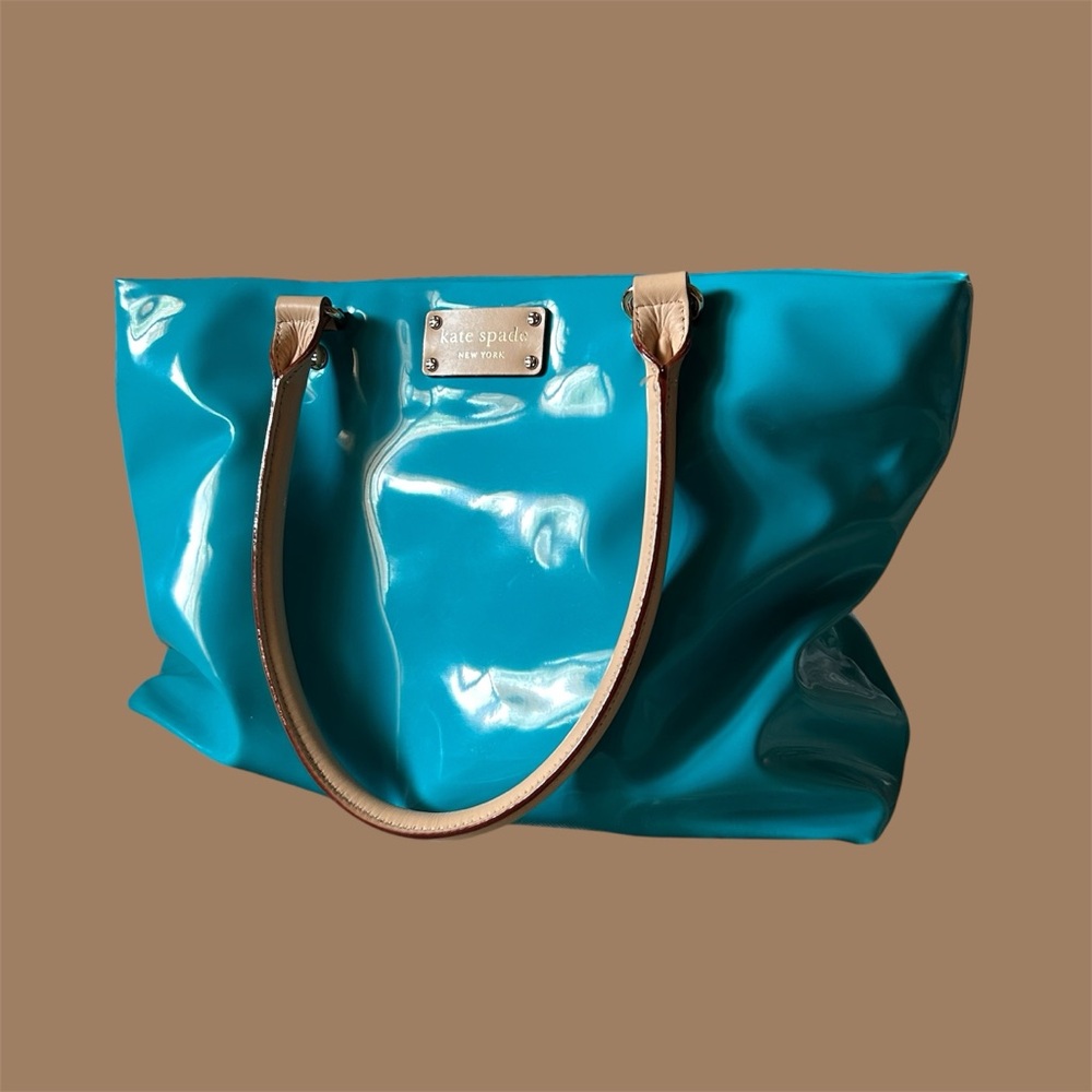 Kate Spade Aqua Tote with Beige Handles